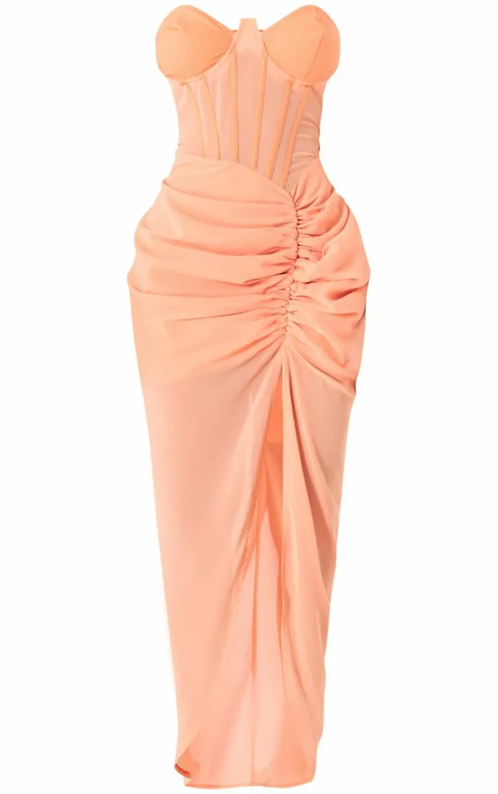 Shape Orange Corset Detail Sleeveless Ruched Midi Dress
