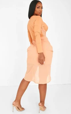 Shape Orange Corset Detail Long Sleeved Ruched Midi Dress