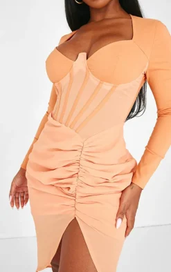Shape Orange Corset Detail Long Sleeved Ruched Midi Dress