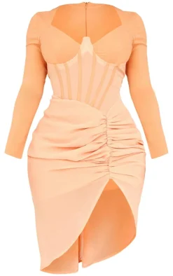 Shape Orange Corset Detail Long Sleeved Ruched Midi Dress