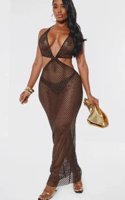 Shape Orange Fishnet Halterneck Knot Front Midaxi Dress