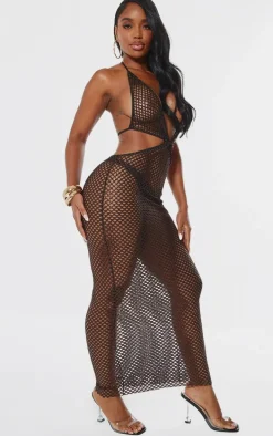 Shape Orange Fishnet Halterneck Knot Front Midaxi Dress