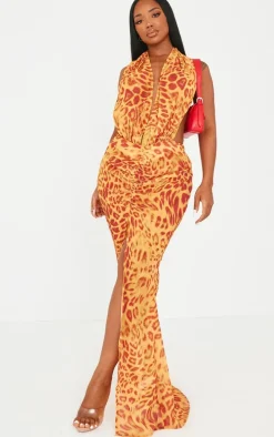 Shape Orange Leopard Printed Chiffon Drape Front Maxi Dress