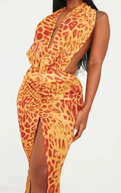 Shape Orange Leopard Printed Chiffon Drape Front Maxi Dress
