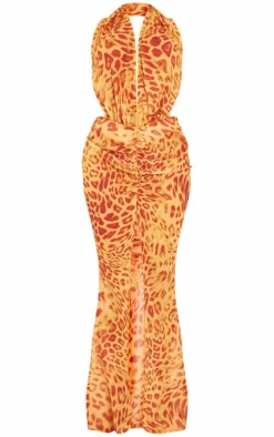 Shape Orange Leopard Printed Chiffon Drape Front Maxi Dress