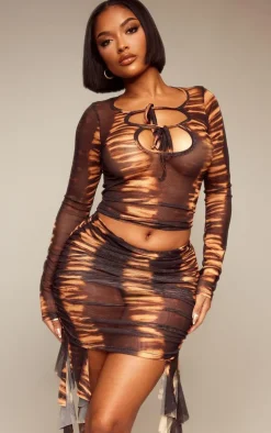 Shape Orange Mesh Tiger Printed Cut Out Long Sleeve Top