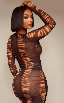 Shape Orange Mesh Tiger Printed Cut Out Long Sleeve Top