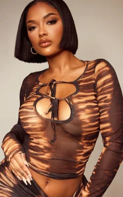Shape Orange Mesh Tiger Printed Cut Out Long Sleeve Top