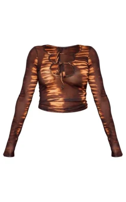 Shape Orange Mesh Tiger Printed Cut Out Long Sleeve Top