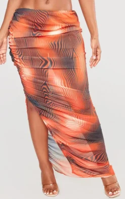 Shape Orange Printed Chiffon Ruched Side Midaxi Skirt