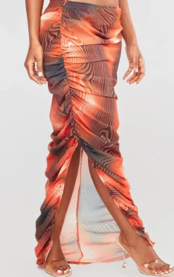 Shape Orange Printed Chiffon Ruched Side Midaxi Skirt