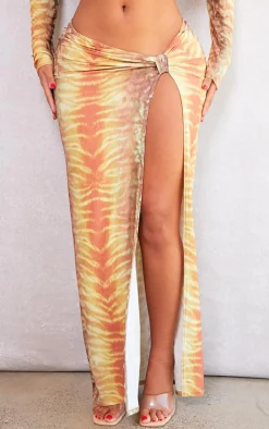 Shape Orange Printed Knot Side Maxi Skirt