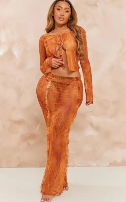 Shape Orange Printed Mesh Ruffle Detail Maxi Skirt