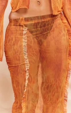 Shape Orange Printed Mesh Ruffle Detail Maxi Skirt