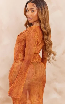 Shape Orange Printed Mesh Tie Front Frill Edge Top