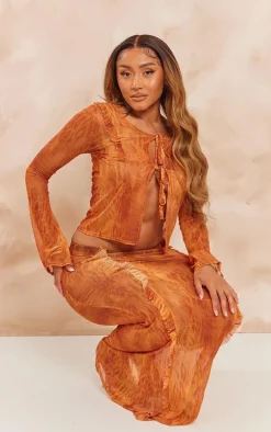 Shape Orange Printed Mesh Tie Front Frill Edge Top