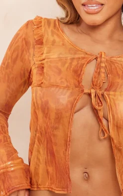 Shape Orange Printed Mesh Tie Front Frill Edge Top