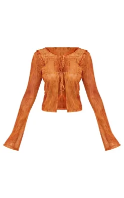 Shape Orange Printed Mesh Tie Front Frill Edge Top