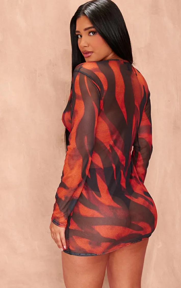 Shape Orange Printed Mesh Long Sleeve Ring Detail Bodycon Dress