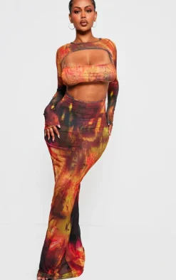 Shape Orange Printed Mesh Open Maxi Dress With Bralet Insert