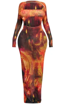 Shape Orange Printed Mesh Open Maxi Dress With Bralet Insert