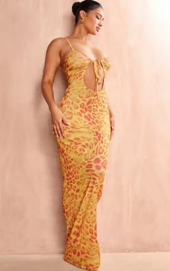 Shape Orange Printed Sheer Mesh Cut Out Maxi Dress
