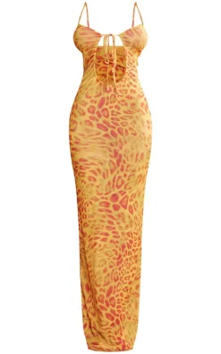 Shape Orange Printed Sheer Mesh Cut Out Maxi Dress