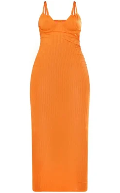 Shape Orange Rib Boning Detail Halterneck Maxi Dress