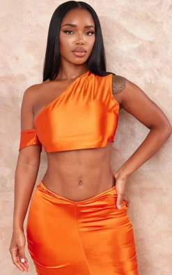 Shape Orange Satin One Shoulder Crop Top