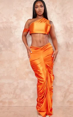 Shape Orange Satin One Shoulder Crop Top