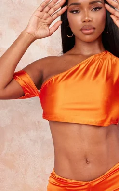 Shape Orange Satin One Shoulder Crop Top