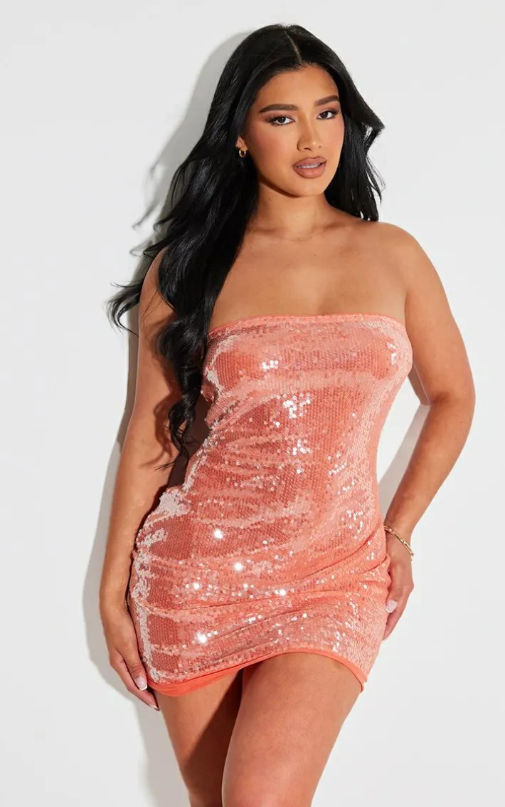 Shape Orange Sequin Bandeau Bodycon Dress