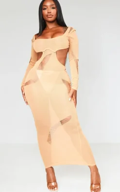 Shape Orange Sheer Knit Cut Out Detail Maxi Dress