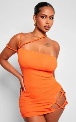 Shape Orange Sheer Mesh Twist Detail Cut Out Bodycon Dress