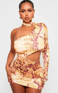 Shape Orange Snake Print Slinky One Sleeve Cut Out Bodycon Dress