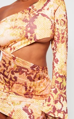 Shape Orange Snake Print Slinky One Sleeve Cut Out Bodycon Dress
