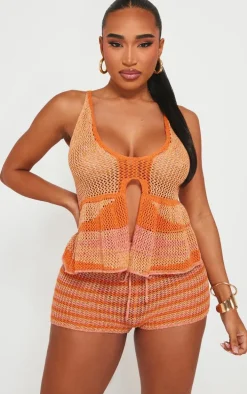 Shape Orange Stripe Knit Halterneck Tie Front Top