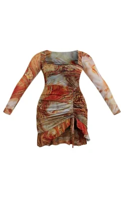 Shape Orange Swirl Print Mesh Long Sleeve Ruched Side Frill Hem Bodycon Dress