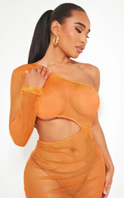 Shape Orange Textured Sheer Cut Out One Shoulder Maxi Dress