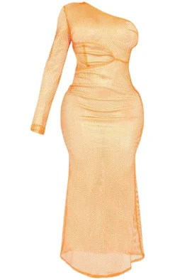 Shape Orange Textured Sheer Cut Out One Shoulder Maxi Dress