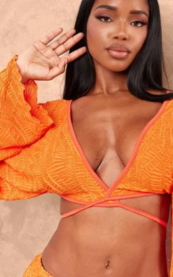 Shape Orange Textured Tie Front Long Sleeve Top