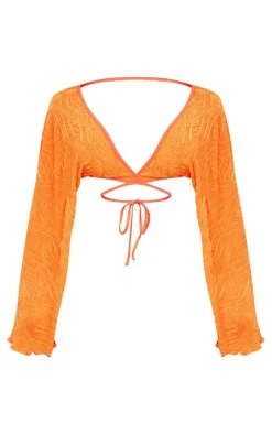 Shape Orange Textured Tie Front Long Sleeve Top
