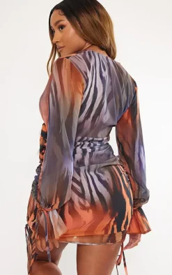 Shape Orange Tiger Printed Woven Extreme Plunge Mini Dress