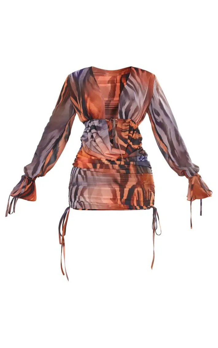 Shape Orange Tiger Printed Woven Extreme Plunge Mini Dress
