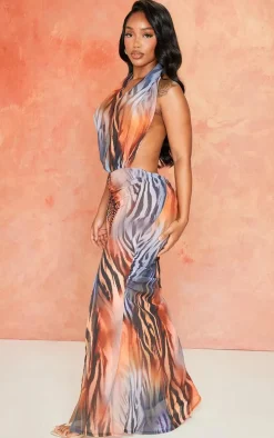 Shape Orange Tiger Printed Chiffon Drape Maxi Dress