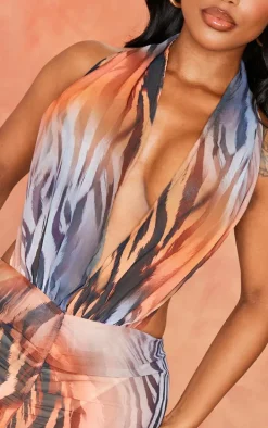 Shape Orange Tiger Printed Chiffon Drape Maxi Dress