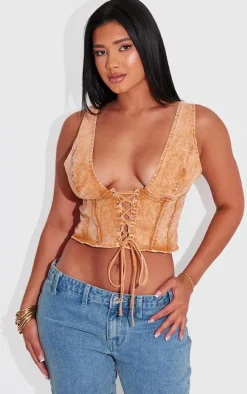 Shape Orange Washed Denim Lace Up Corset Top