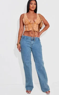 Shape Orange Washed Denim Lace Up Corset Top