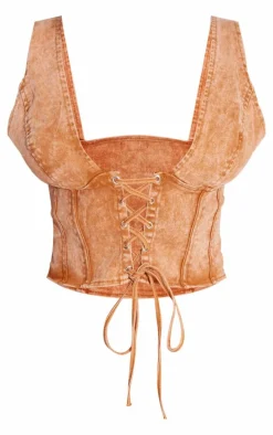 Shape Orange Washed Denim Lace Up Corset Top