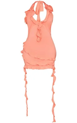 Shape Orange Woven Halterneck Frill Detail Mini Dress